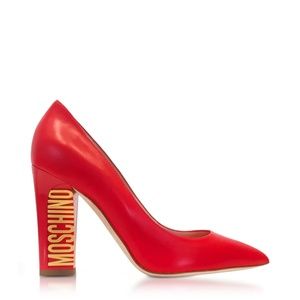 Moschino Gold Tone Logo Heels